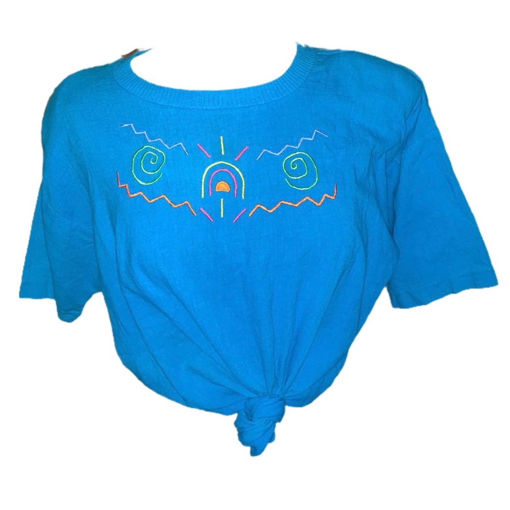 90's Blue Neon Abstract Print Short Sleeve T-Shirt